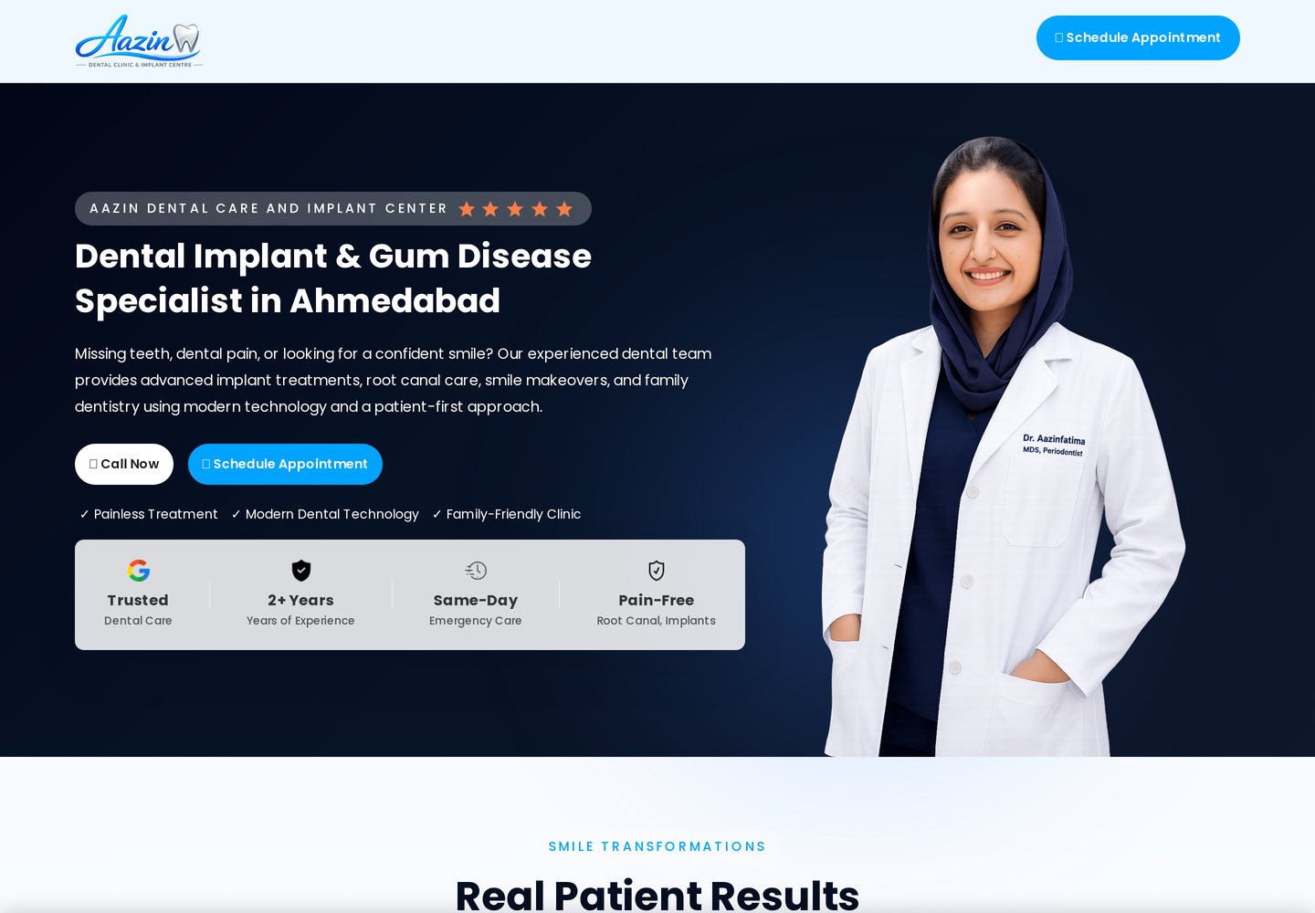 Homepage of the Aazin Dental Care & Implant Centre website built by Thrive My Clinic