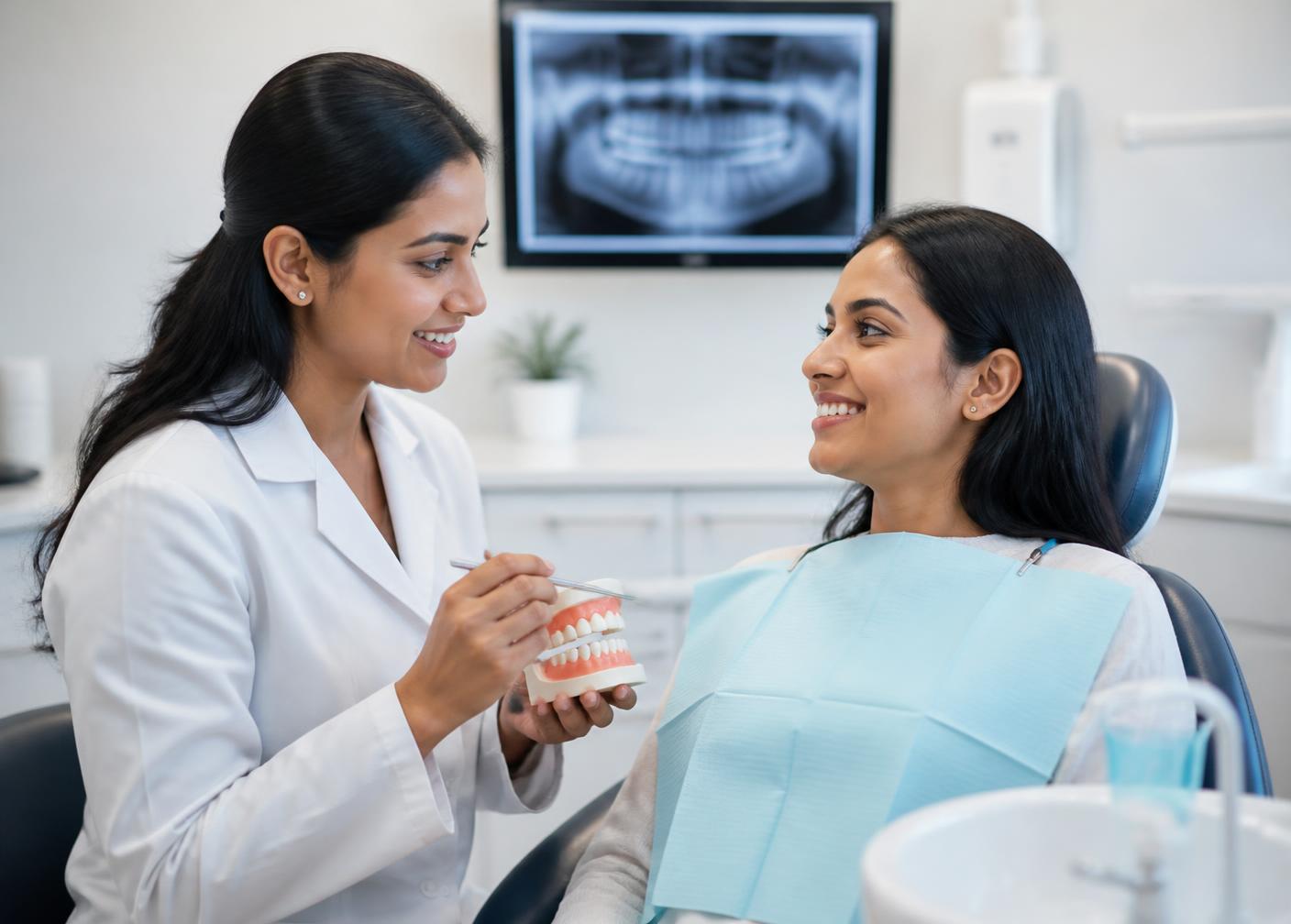 Dentist explaining a treatment plan to a patient in a modern Indian clinic