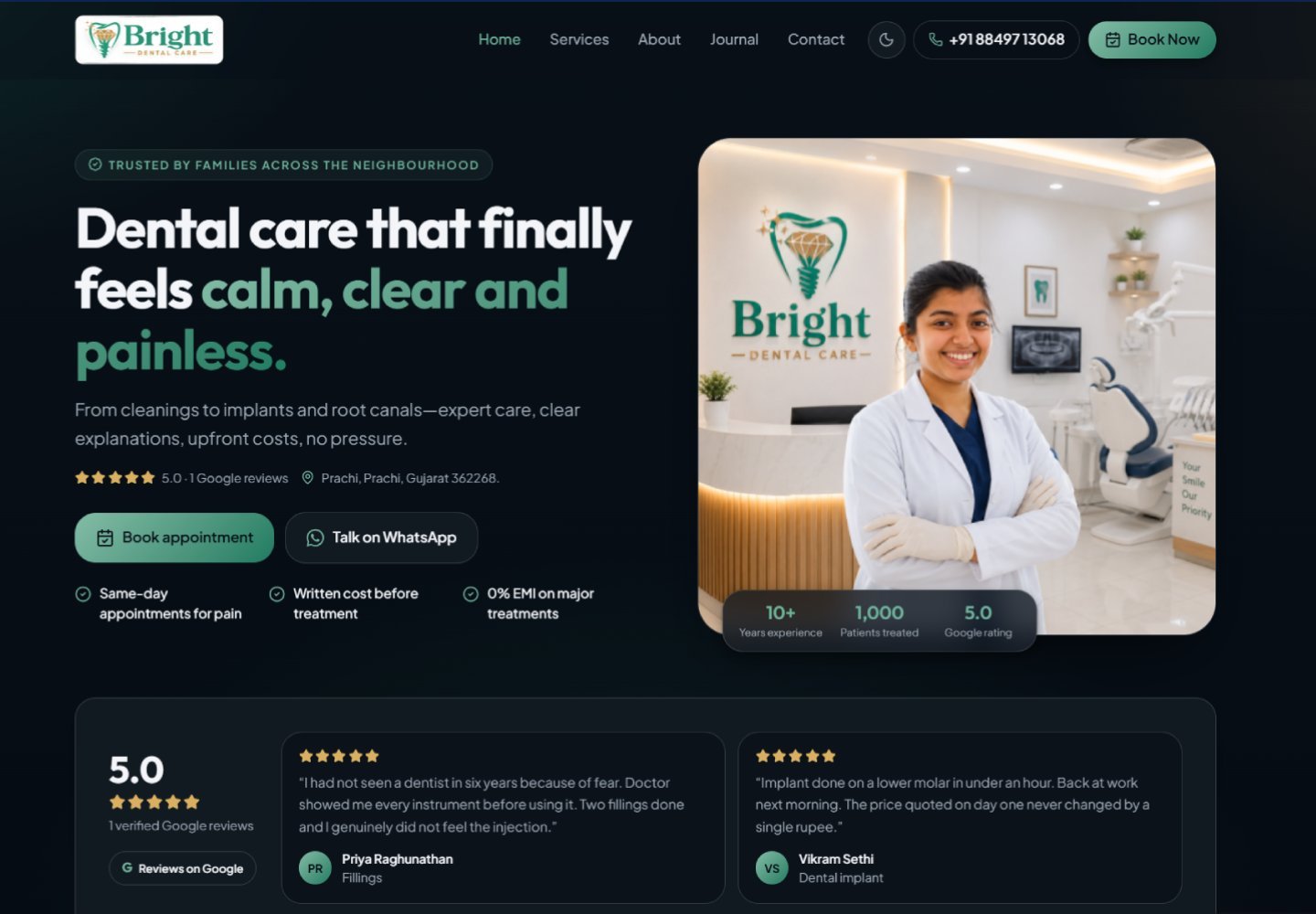 Bright Dental Care clinic website homepage designed by Thrive My Clinic