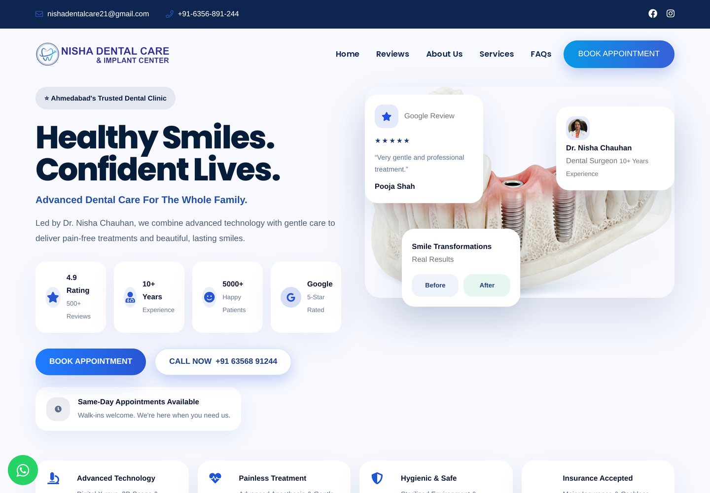 Homepage of the Nisha Dental Care & Implant Center website built by Thrive My Clinic