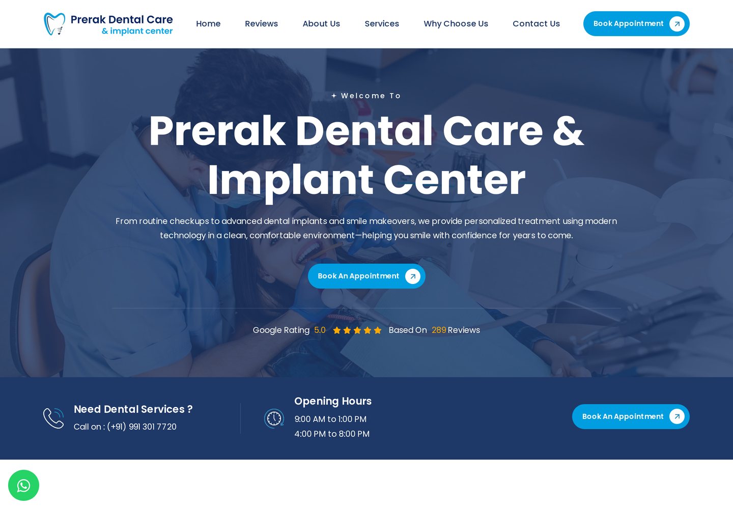 Homepage of the Prerak Dental Care & Implant Center website built by Thrive My Clinic
